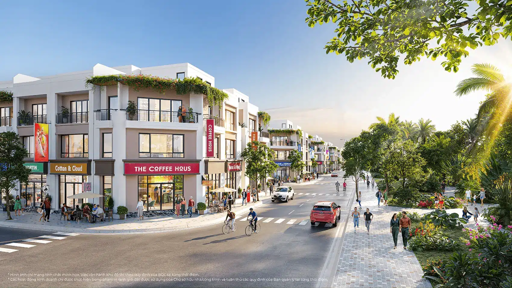Phối cảnh khu phố sầm uất và cây xanh trong lòng đô thị Vinhomes Green City, Long An.