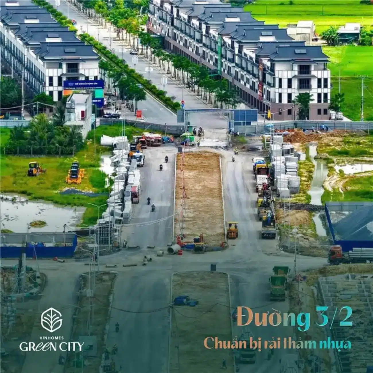 Đường 3/2 tại Vinhomes Green City đang được chuẩn bị thảm nhựa, đảm bảo tiến độ thi công thần tốc.
