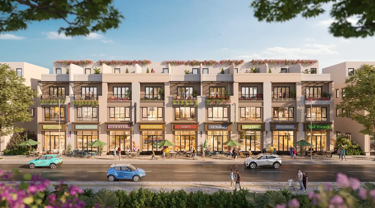Khu phố thương mại sầm uất tại Vinhomes Green City với thiết kế hiện đại và tiện ích đầy đủ.