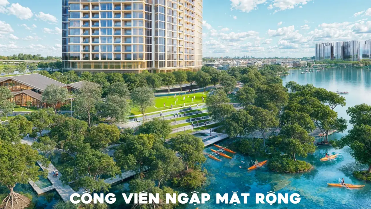 Công viên xanh ven sông tại Charmora City, tạo không gian sống đẳng cấp.